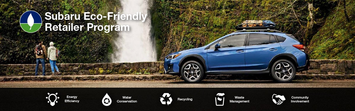 The Subaru Eco-Friendly Retailer Program logo with a blue Subaru and eco icons at bottom. | Williams Subaru in Charlotte NC